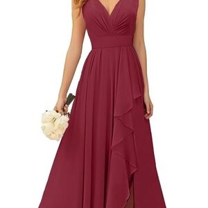 OFEYCHUN Ruffle Bridesmaid Dresses for Women with Slit Long V Neck Chiffon